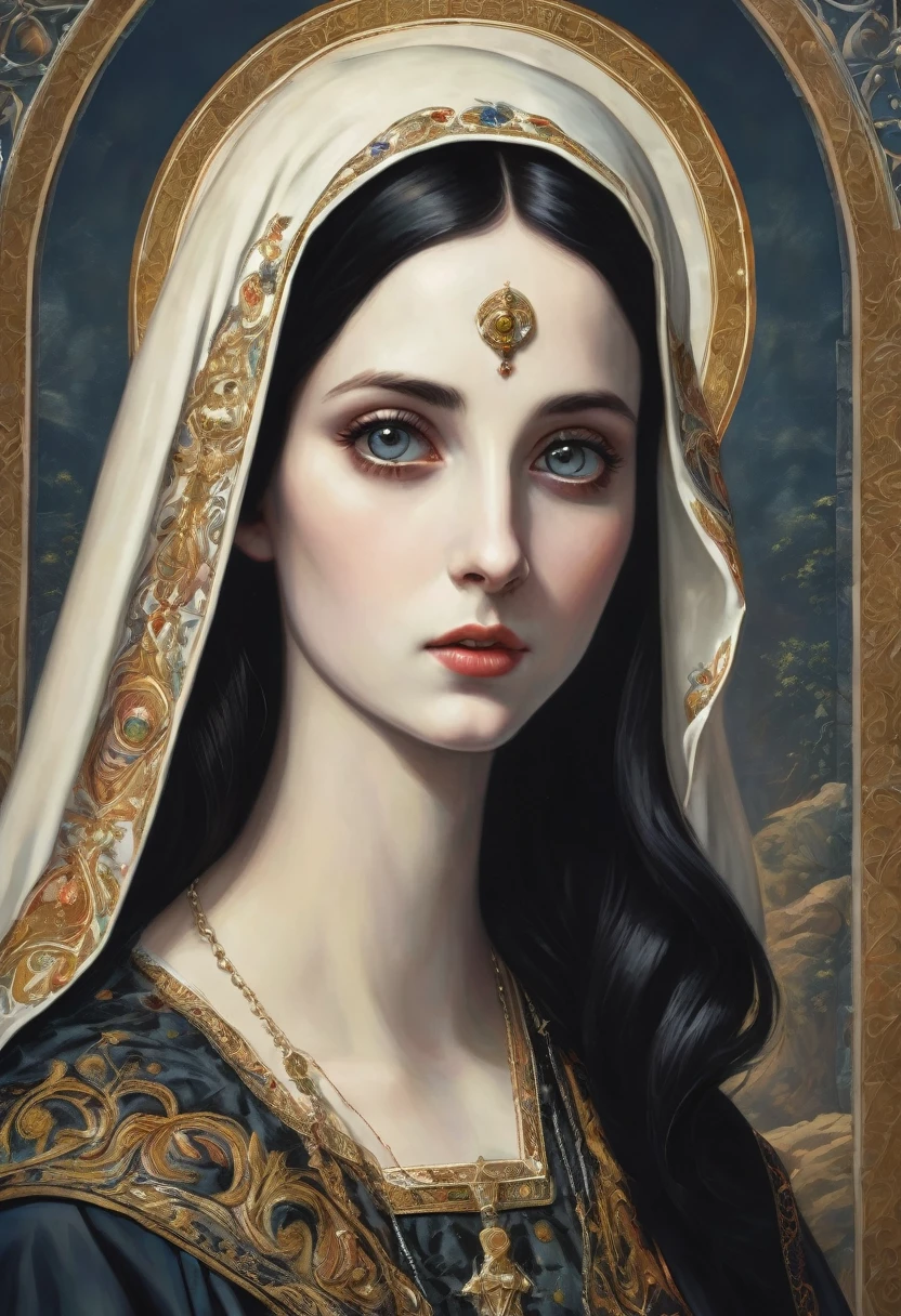 young woman,pale skin,dark colored hair ,big eyes with black pupil ,with clothing of the virgin mary , with a thin nose . with an exaggeratedly elongated open mouth similar to that of a demon with a snake&#39;s tongue with several fangs in its mouth.