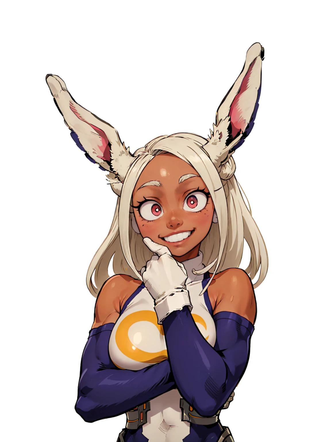  ((mirko, dark_skin, leotard, rabbit_girl, kneehighs, red_eyes, white background)), upper body, crazy big smile, same as original, anatomically correct, fixed hand, hand on chin