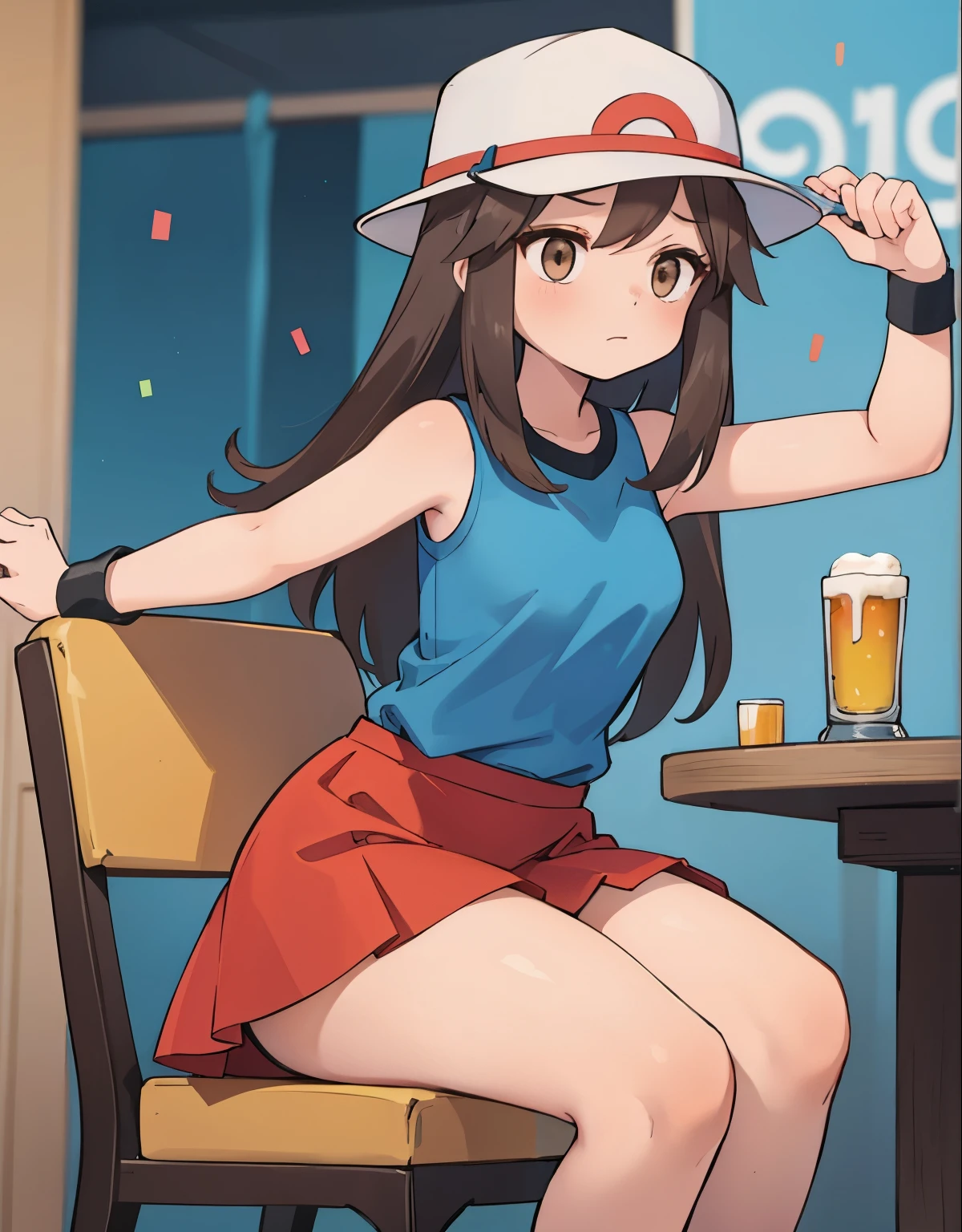 a shy girl sitting on a chair, full body,  1trainerleaf1, sleeveless shirt, black wristbands, visible thighs,thick thighs,red skirt,blue shirt, brown eyes, white hat, innocent look, she is in a party, people around dancing, she is shy and holds a small glass of beer, 