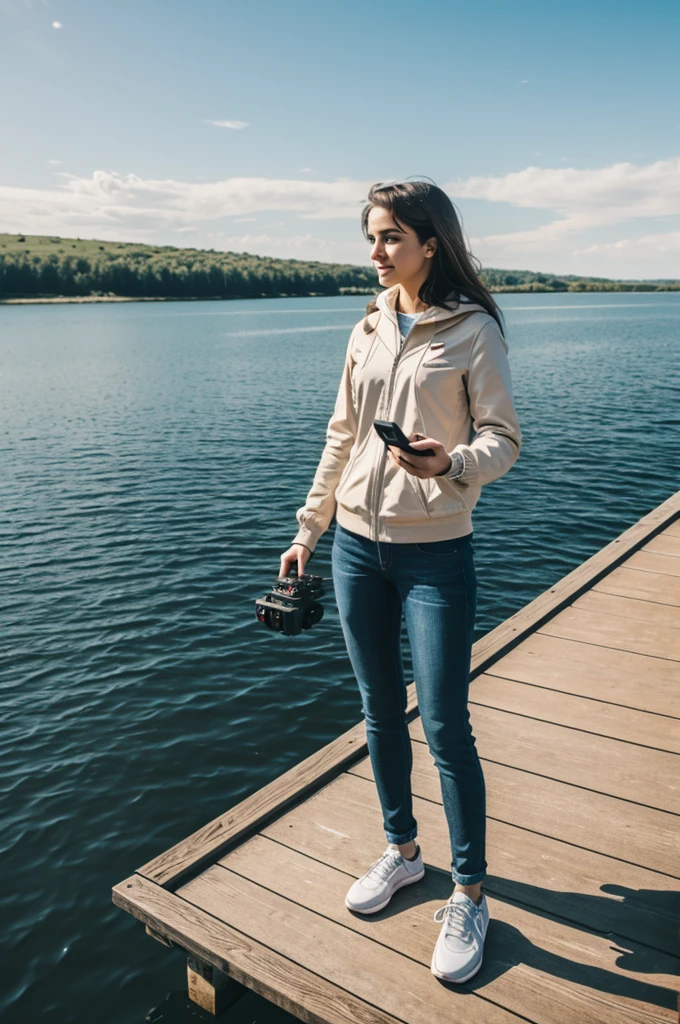 Girl driving drone , Remote control in hand , on dock