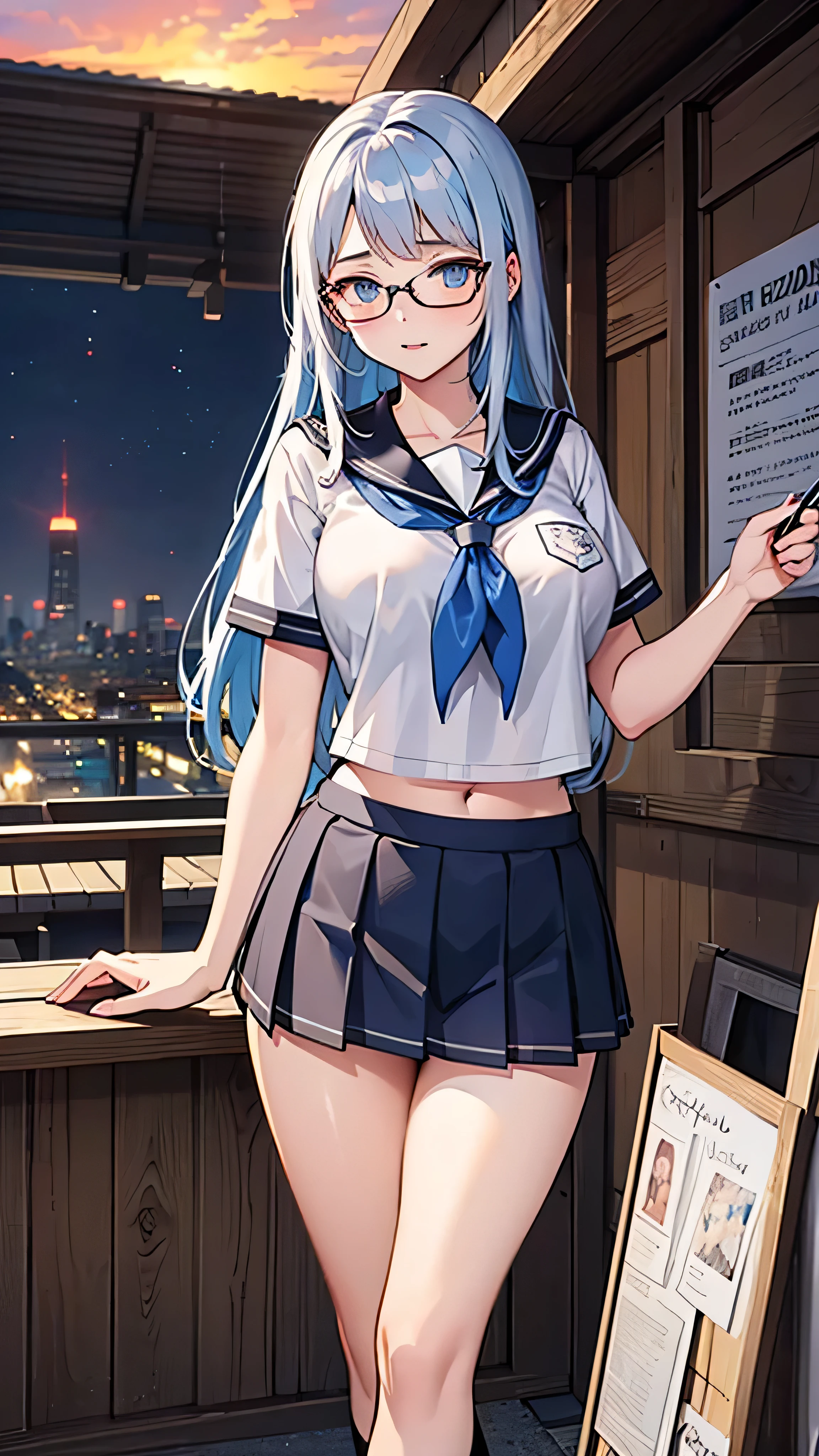 reate an anime-style illustration of a -yeld ginamed Shizuka. She has long, straight, blue hair with bangs cut straight across her forehead. She has large, almond-shaped silver-blue eyes and porcelain-like white skin. Shizuka often wears glasses.Getting ready in the morning、Super big breasts、(Highest quality:1.4), (super high quality), (Very detailedな), 1 beautiful girl, So cute, (school uniform, Pleated mini skirt:1.5), (Very large breasts:1.1), (Slender body:1.1), (thin and delicate legs), Real skin texture, (Drop your bangs to the side), Bright and shiny lips, Advent of the Beautiful Goddess, Beautiful background, Golden Ratio, Conceptual Art, Very detailed, Accurate, Advanced Details, Outdoor, Sexy Art, Surrounded by beautiful sunsets, Bright light, Ultra-detailed illustration details, 8K wallpapers incorporating highly detailed CG, RAW Photos, Professional photos, Cinema Lighting, , (Nipple protrusions push up the uniform), Cropped tops,