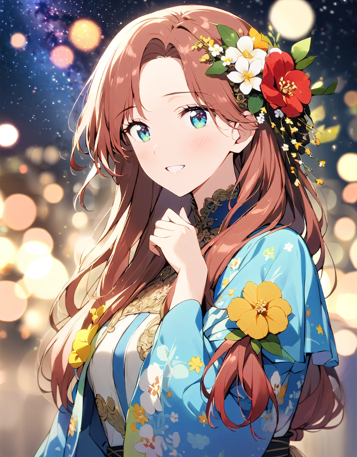 1 Girl. Old-fashioned smile. flowerびら.  __flower__. four seasons. Bokeh. 
Nice body,  beautiful 肌. oily 肌. Very delicate and beautiful. Very detailed. Clear Eyes. Red hair light shines. Mysterious atmosphere. Hair accessories with attention to detail、Hair is tied））,(美しいflower畑),((Amazing starry sky、))、Clothing Blue Robe
 
