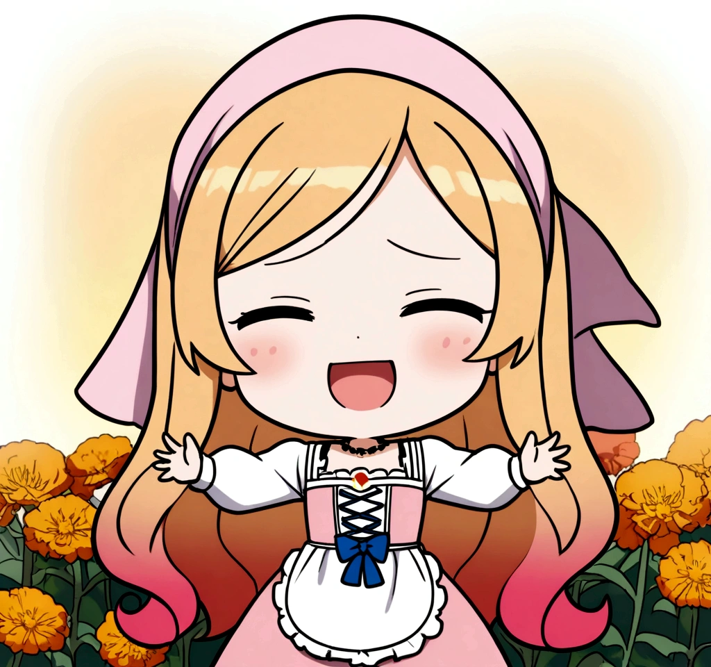golden orange hair, gradient hair, very long hair, swept bangs, sidelocks, curly hair, wavy hair, (((((head scarf))))), head bandana, pink apron, flower in hair, marigold, orange flower, dirndl, pink dress, pink dirndl, long sleeves, waist apron, white apron, bow on waist, blue bow, , polish clothing, Slavic clothing, Hungarian clothing, anime, cute, flat chest, solo, exaggerated expression, chibi,(((((:3}}}}} smile, open mouth, closed eyes, xD