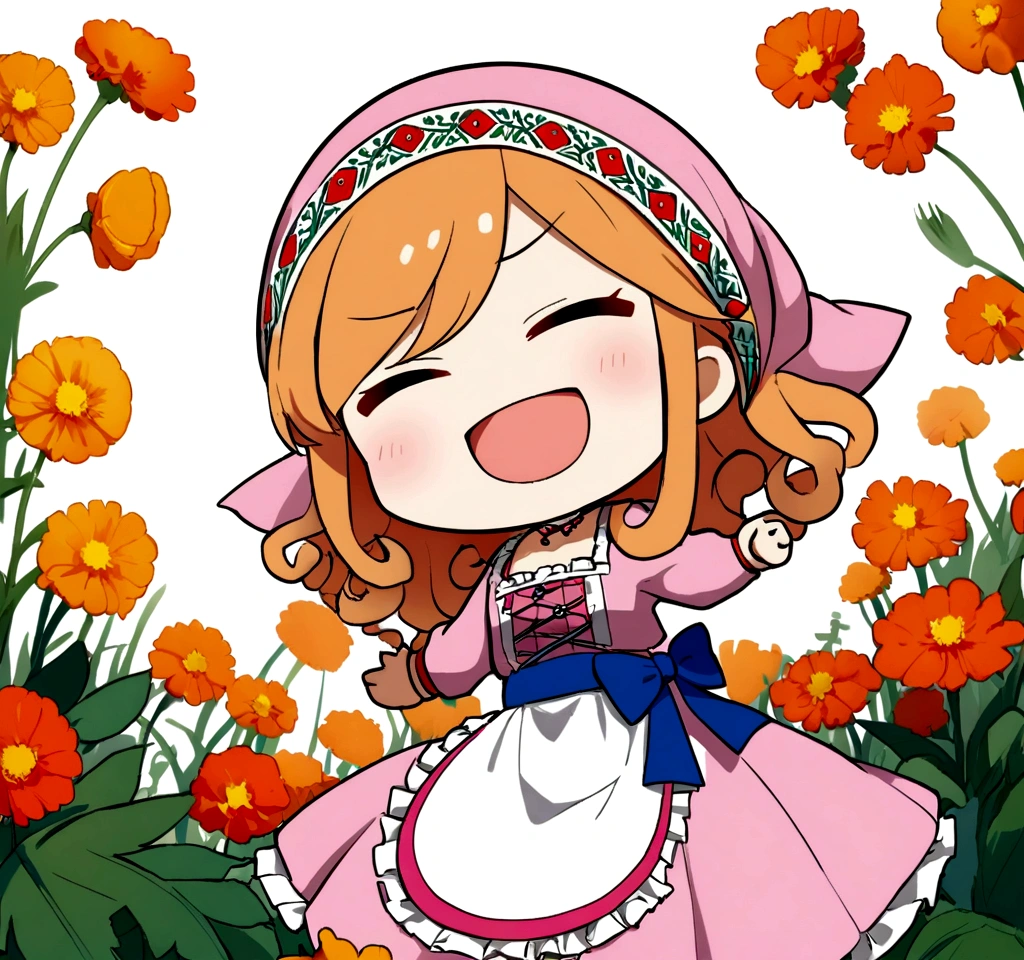 golden orange hair, gradient hair, very long hair, swept bangs, sidelocks, curly hair, wavy hair, (((((head scarf))))), head bandana, pink apron, flower in hair, marigold, orange flower, dirndl, pink dress, pink dirndl, long sleeves, waist apron, white apron, bow on waist, blue bow, , polish clothing, Slavic clothing, Hungarian clothing, anime, cute, flat chest, solo, exaggerated expression, chibi,(((((:3}}}}} smile, open mouth, closed eyes, xD
