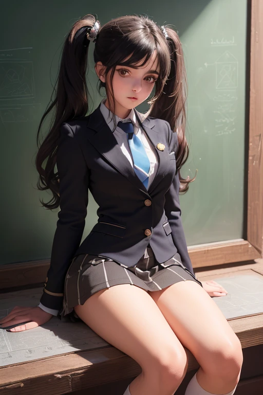 (((best qualityer), (hyper realist), mh-yk, 1 , alone, blackquality hair, eyes browns, long  hair, wearing private university uniform, blue blazer style with buttons, tie and tight skirt followed by knee socks,, big fit ass,, twintails, plein-air, hair rings, gazing at viewer, university anatomy club scene, de pé encostada na loja gazing at viewer, sweet look, inside a closed room with a blackboard behind full of drawings of the human body