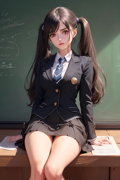 (((best qualityer), (hyper realist), mh-yk, 1 , alone, blackquality hair, eyes browns, long  hair, wearing private university uniform, blue blazer style with buttons, tie and tight skirt followed by knee socks,, big fit ass,, twintails, plein-air, hair rings, gazing at viewer, university anatomy club scene, de pé encostada na loja gazing at viewer, sweet look, inside a closed room with a blackboard behind full of drawings of the human body