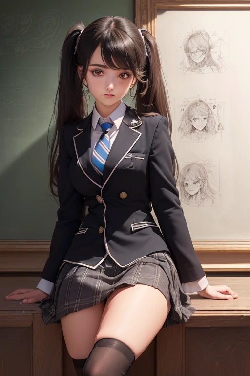 (((best qualityer), (hyper realist), mh-yk, 1 , alone, blackquality hair, eyes browns, long  hair, wearing private university uniform, blue blazer style with buttons, tie and tight skirt followed by knee socks,, big fit ass,, twintails, plein-air, hair rings, gazing at viewer, university anatomy club scene, de pé encostada na loja gazing at viewer, sweet look, inside a closed room with a blackboard behind full of drawings of the human body