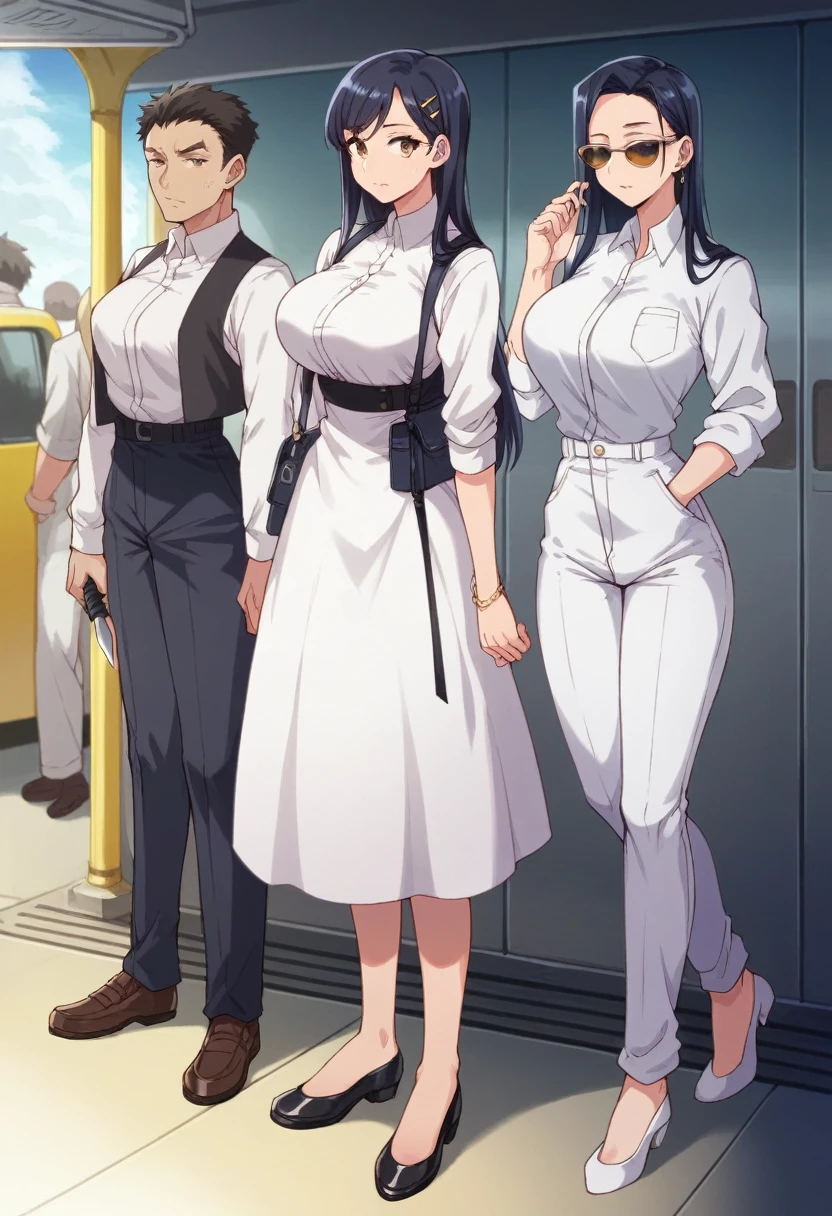 yamada anna (My friend and I), Women, developed body, big breasts, small waist, series expression, sunglasses, white suit jacket with details of a wolf in the heart area, black dress shirt, white dress pants, dark dress shoes with gold soles, holding a combat knife, in a train station 