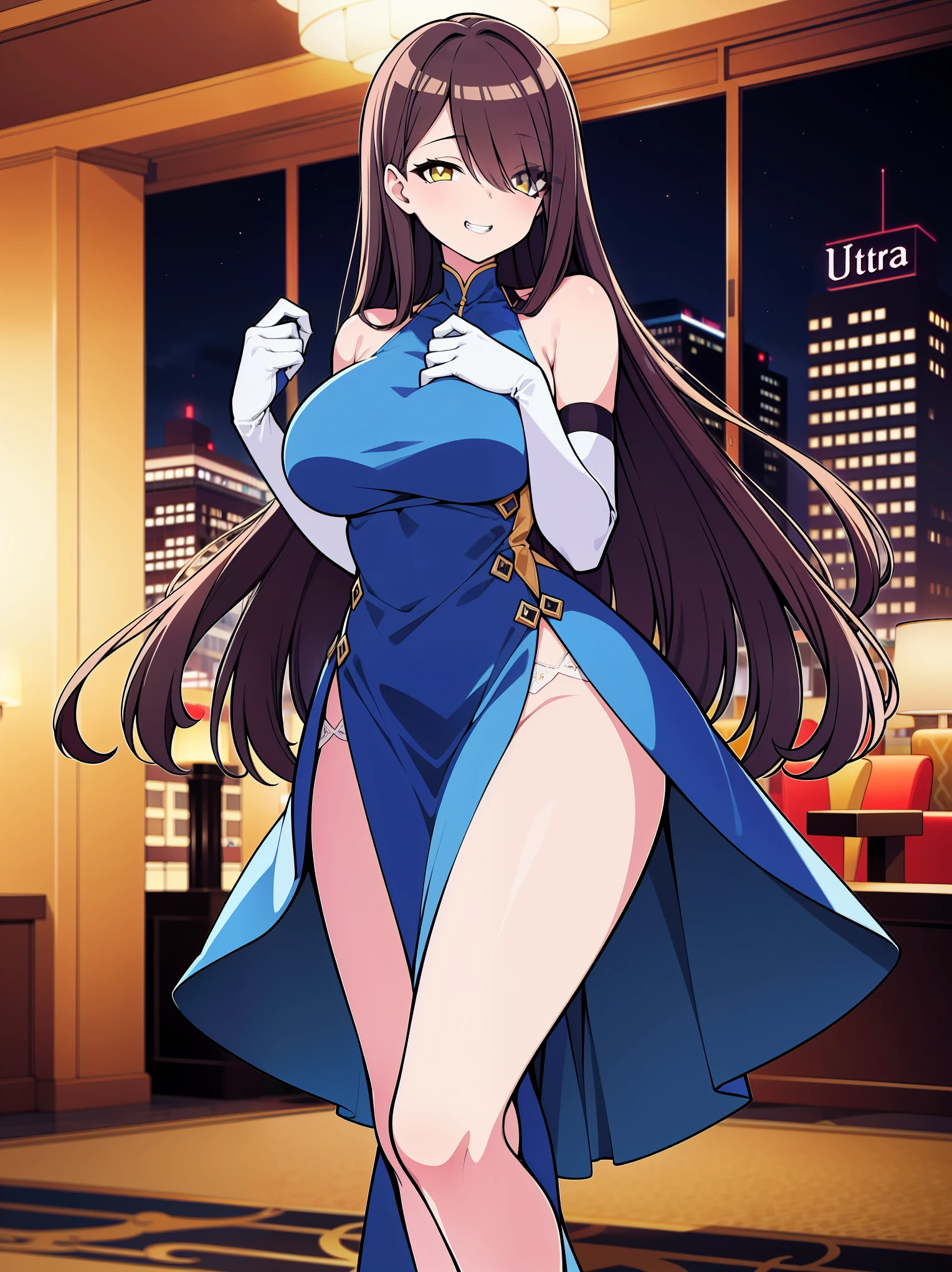 (cowboy shot), (ultra-high resolution, depth of field:1.2), 1woman, mature, brunette hair, long straight hair, yellow eyes, hair over one eye, large breasts, (wide hips), night dress, (blue dress), elbow gloves, white gloves, fancy lobby, indoors, bare shoulders, sleeveless dress, ((fancy hotel lobby)), grin