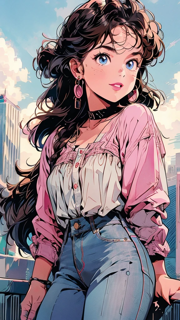 1 girl, vtuber, beautiful skin, braided brown hair, Box braids, blue eyes, smiling, pink lipstick, white blouse, tube top, big circle gold earrings, freckles, big lips, pink lips, on a rooftop, she is holding a reporter microphone, new reporter, nyc skyline in the background, blue skies big clouds Wearing extremely tight jeans, extremamente sexy, 8k, (melhor qualidade: 1.0), (ultra highres:1.0) vtuber ,gamer girl, streamer