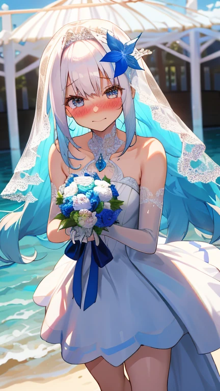 One girl with long curly hair, white hair, blue inner hair, looking at viewer, blushing, embarrassed, little smile, tears, wedding venue, beach, flower, wedding dress, bridal veil, lace gloves, dizzy, mid-chest, perfect waist, spread legs, day atmosphere, hair ornament, standing, Bouquet