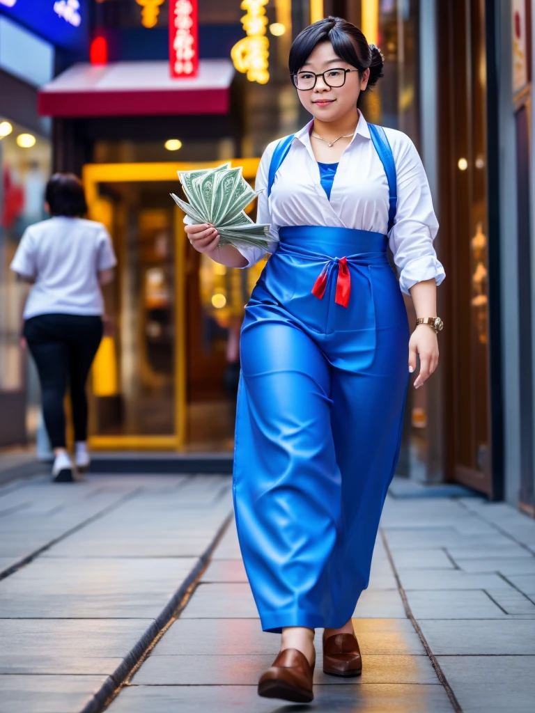 Mei Mei walking down the street with her hands full of money 