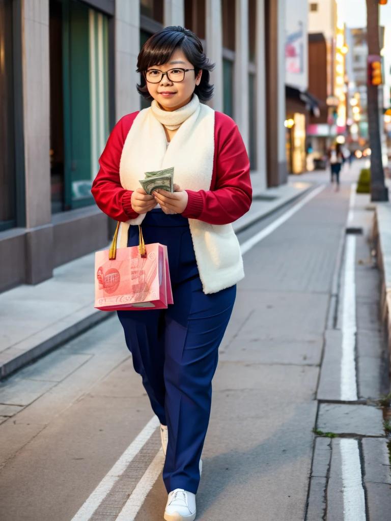 Mei Mei walking down the street with her hands full of money 