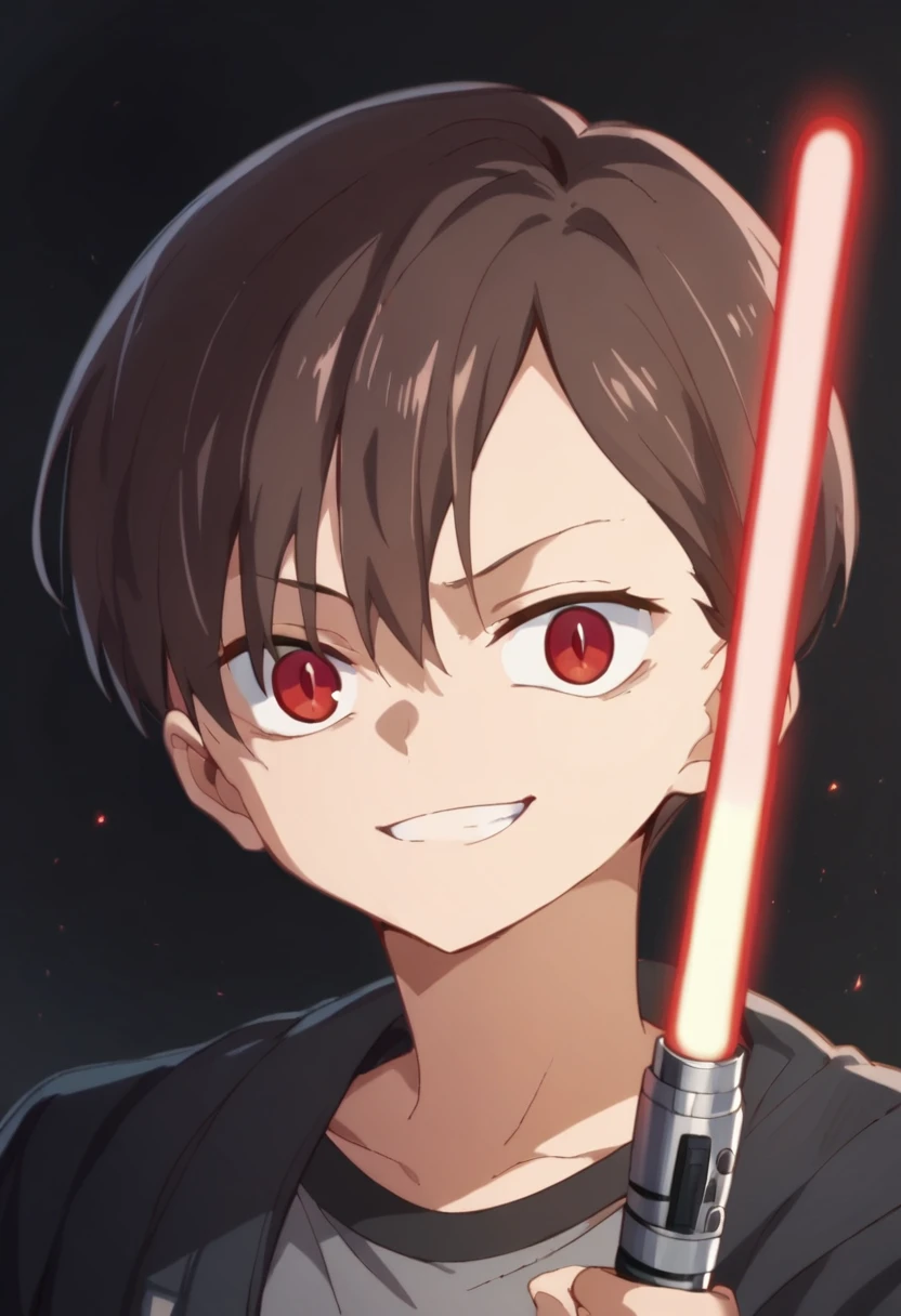 Kyotaro Ichikawa, Red eyes, smile evil, black jacket, black t-shirt with red details, gray sports pants, sneakers, lightsaber de color rojo, lightsaber (Star Wars), black background, Red light reflection, close view