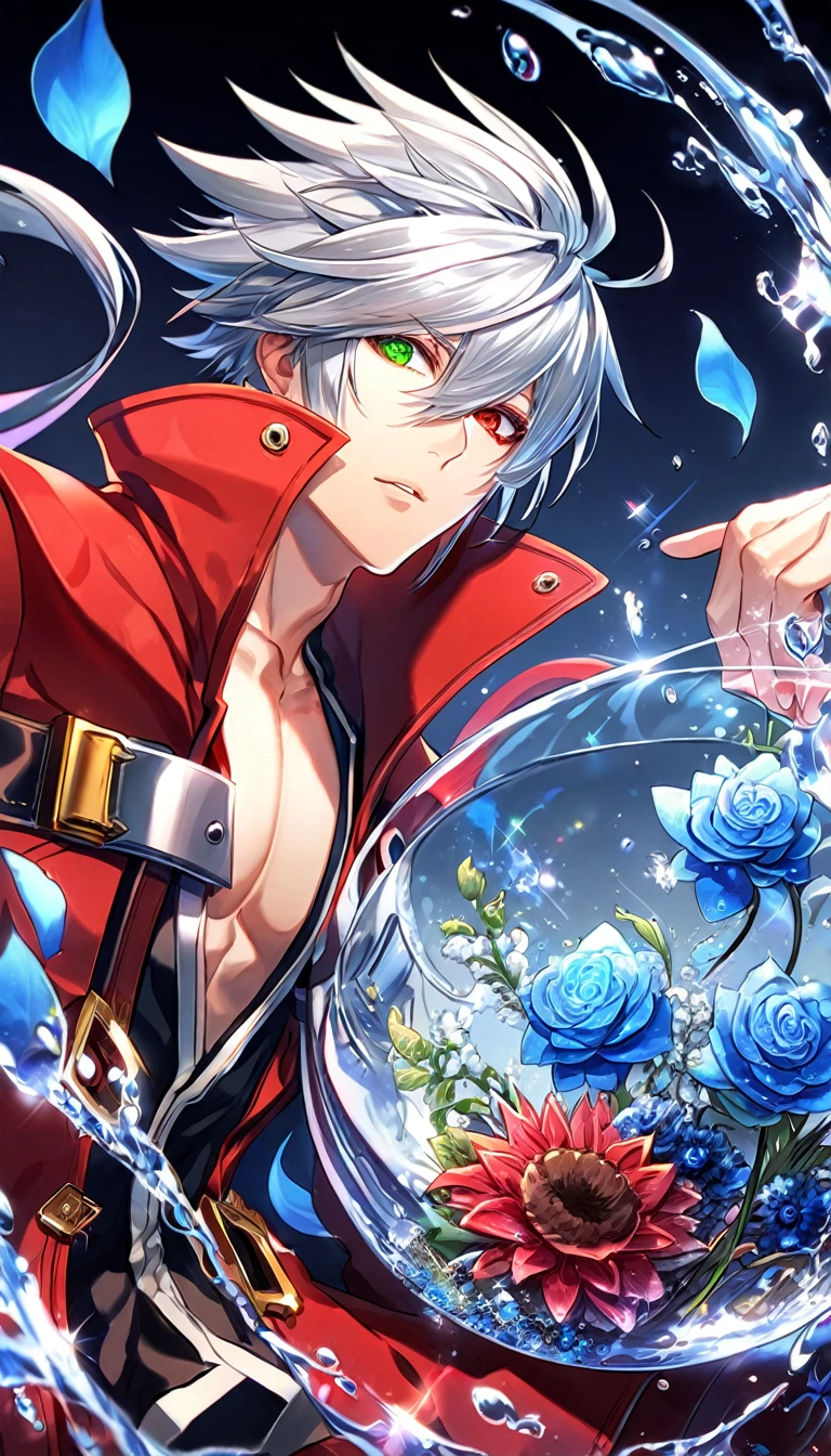 absurdres, highres, ultra detailed, HDR, master piece, best quality, extremely detailed, Ragna The Blood Edge, white hair, heterochromia, right eye red, left eye green, Blazblue, solo, sexy man, handsome, red coat, magical, fantasy, glittering, sparkling, glass, blue flowers, blue petals, water, blue moon