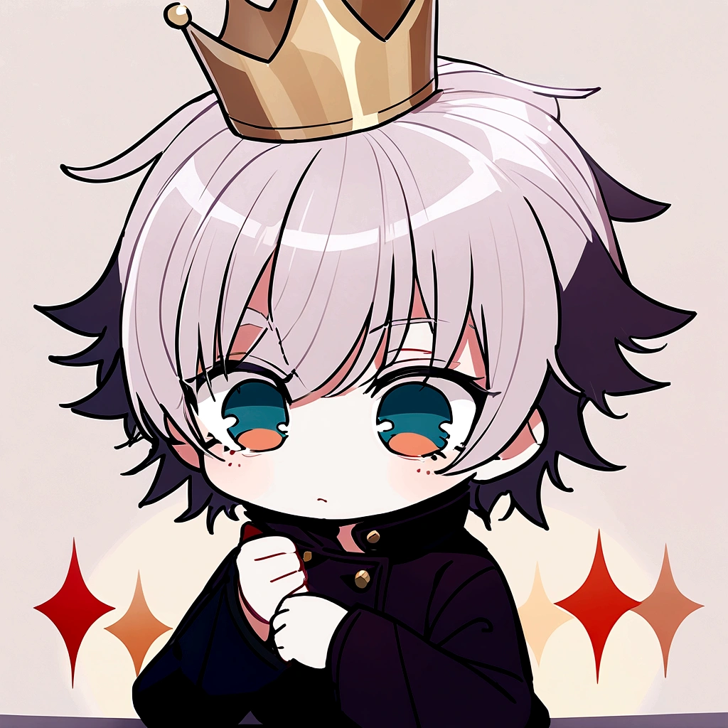 Make Satoru Gojo pose questioning himself, keeping his crown and making his eyes bluer