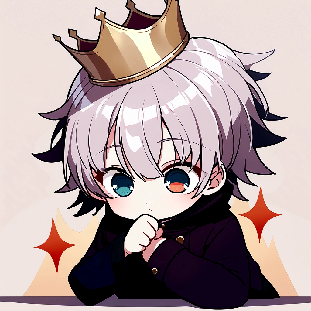 Make Satoru Gojo pose questioning himself, keeping his crown and making his eyes bluer