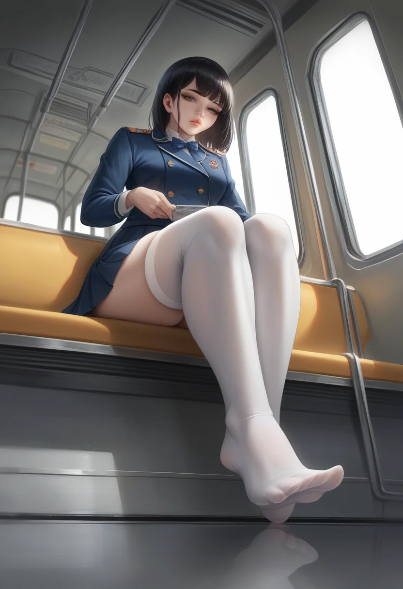 "(work of art, High definition, Ultra High definition, 4K) Bblack hair,   Japanese girl, uniform skirt, emphasizing thighs, white thigh highs, soft thighs, shiny thighs, sitting in train, Face-to-face angle, (low angle),sitting on the train seat,sitting in front,Zoom of the camera in the groin,feet on the train floor,whole body,Looking down and sleepy,Looking only at the viewer", best qualityer, ultra-High definition, (photorrealistic:1.4),, high resolution, detail, CRU photo, re sharp, Filme Nikon D850 Foto stock por Lee Jefferies 4 Kodak Portra 400 Camera F1.6 rich lens colors, Hyper-realistic vivid textures, dramatic lighting, engine unreal, cinestir 800 art station trends, hot naked futananri 