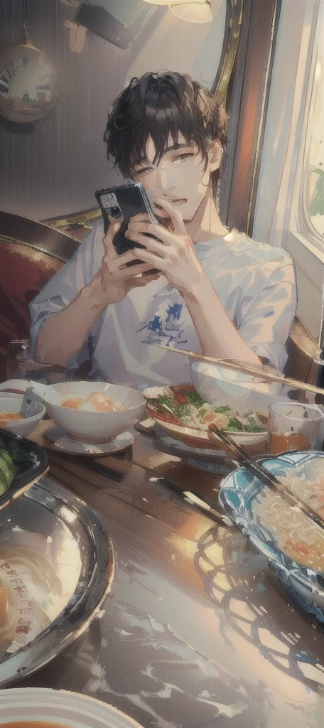masterpiece,best quality,A man is taking a photo of a bowl of soup, eat, He was about 18 years old5岁, cai xukun, eat noodles, exclusive, He was about 18 years old, He was about 18 years old,