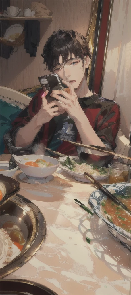 masterpiece,best quality,A man is taking a photo of a bowl of soup, eat, He was about 18 years old5岁, cai xukun, eat noodles, exclusive, He was about 18 years old, He was about 18 years old,
