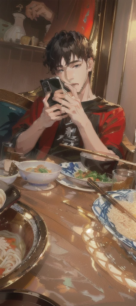 masterpiece,best quality,A man is taking a photo of a bowl of soup, eat, He was about 18 years old5岁, cai xukun, eat noodles, exclusive, He was about 18 years old, He was about 18 years old,