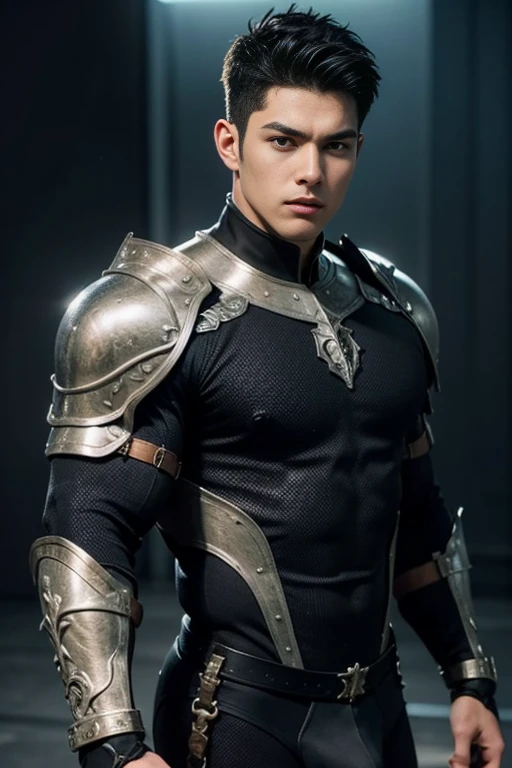  Quarter body shots photorealistic handsome hunky masculine black Aqualad unreal engine, extremely attractive male wearing black bodysuit, extremely masculine physique, intricately detailed metal body armour, super bulge, realistic skin, short tousled hair, fantasy background