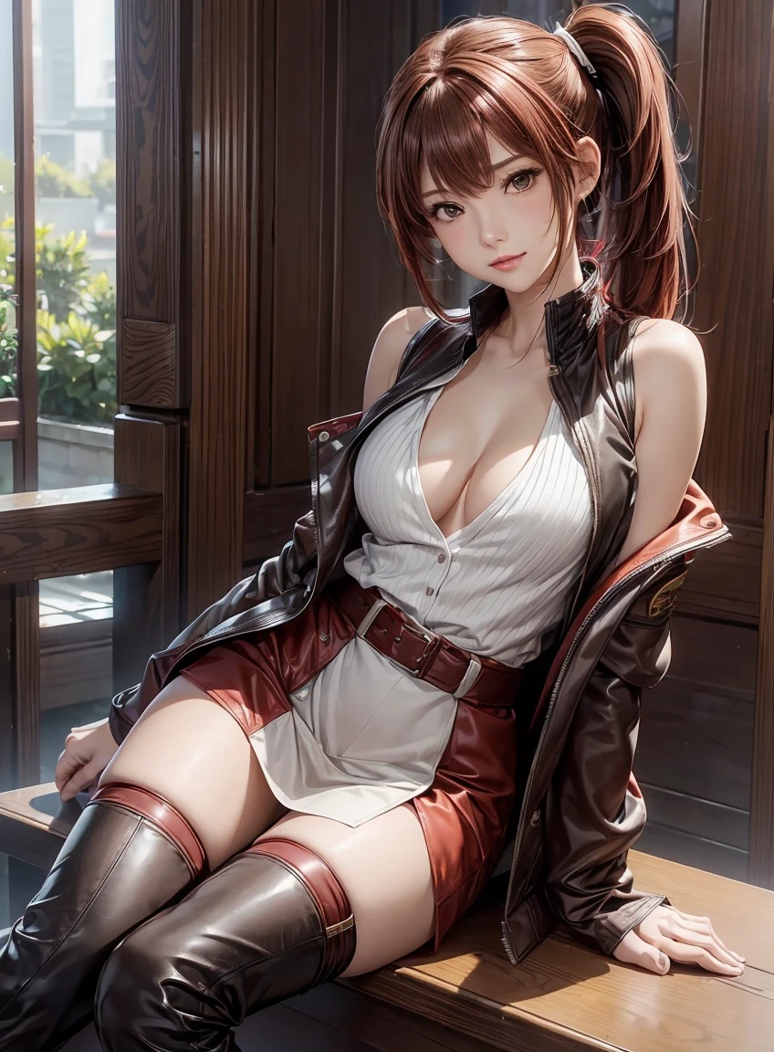 (best quality:1.3), high resolution, Very detailed, Very detailedな CG Unity 8k 壁紙, Practical, photo-Practical, original photo, Pretty Face, White skin, Genuine Leather, High quality fabrics, Detailed hair texture, Perfect body, Beautiful Features, Precision Fingering, Anatomically correct, Very detailedな顔と肌の質感、A girl, Lovely, Red hair, ((Side Ponytail, Brown eyes: 1. 2)), ((Slanted eyes:1.3))、Thick bangs, sleeveless jacket、Cardigan jacket、Pencil Skirt、belt、Knee-high boots、leather gloves、sit on the chair、spread your legs