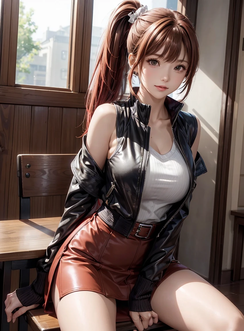 (best quality:1.3), high resolution, Very detailed, Very detailedな CG Unity 8k 壁紙, Practical, photo-Practical, original photo, Pretty Face, White skin, Genuine Leather, High quality fabrics, Detailed hair texture, Perfect body, Beautiful Features, Precision Fingering, Anatomically correct, Very detailedな顔と肌の質感、A girl, Lovely, Red hair, ((Side Ponytail, Brown eyes: 1. 2)), ((Slanted eyes:1.3))、Thick bangs, sleeveless jacket、Cardigan jacket、Pencil Skirt、belt、Knee-high boots、leather gloves、sit on the chair、spread your legs