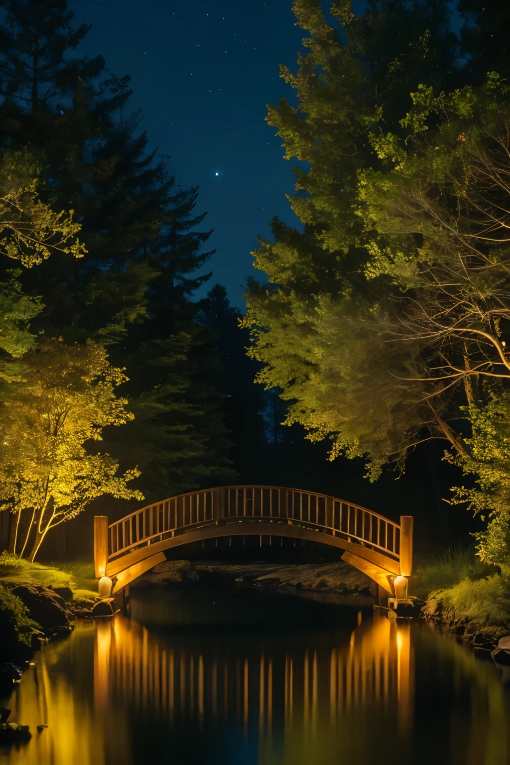 A serene, moonlit forest with a gentle river flowing through it. The scene is bathed in a soft, silvery glow, and fireflies are dancing in the air, creating a magical atmosphere. A wooden bridge crosses the river, and in the background, there's a cozy cabin with warm, inviting lights shining through the windows. The overall mood is peaceful and enchanting, perfect for a relaxing and meditative music video.