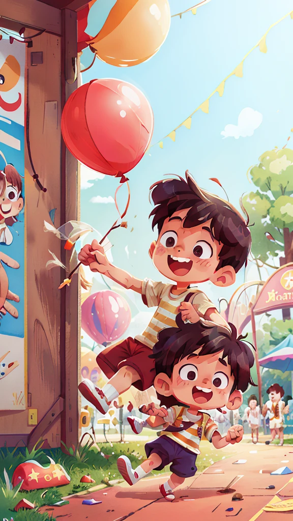 Poster making, Children's Day, in the amusement park, a little boy holding a balloon, happy, jumping, happy --v 6