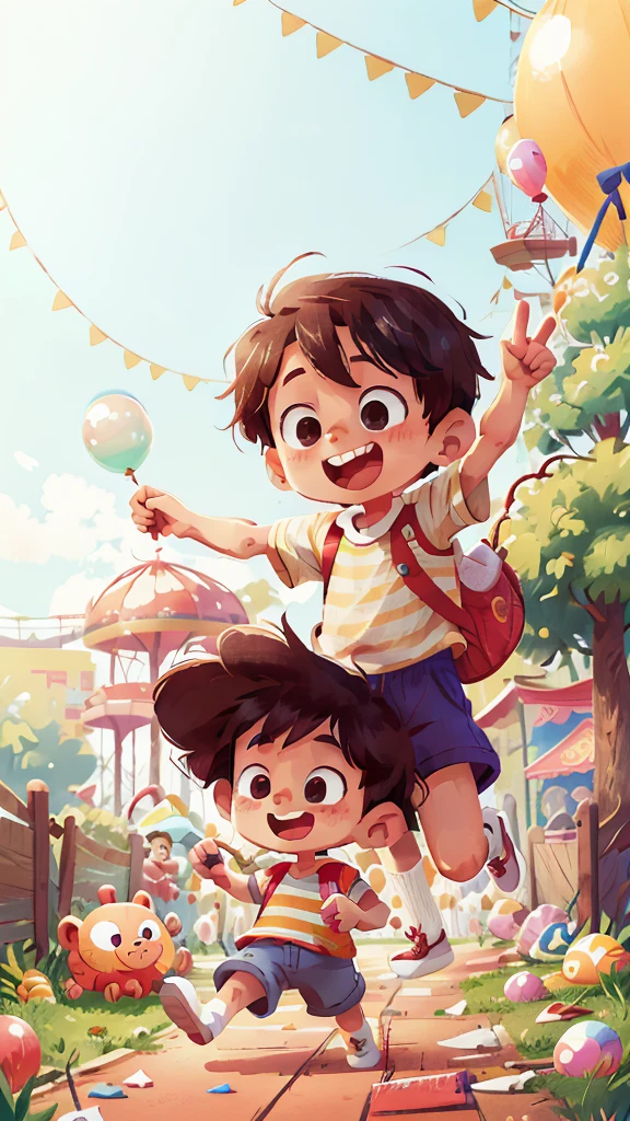 Poster making, Children's Day, in the amusement park, a little boy holding a balloon, happy, jumping, happy --v 6