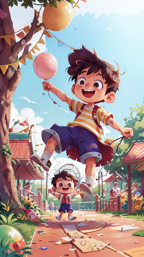 Poster making, Children's Day, in the amusement park, a little boy holding a balloon, happy, jumping, happy --v 6