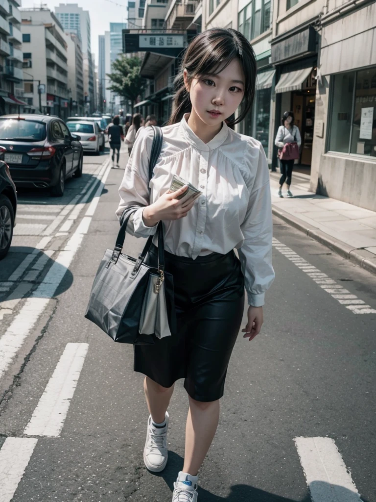 Mei Mei walking down the street with her hands full of money 