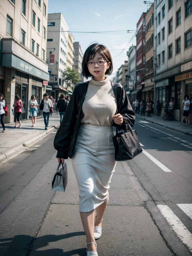 Mei Mei walking down the street with her hands full of money 