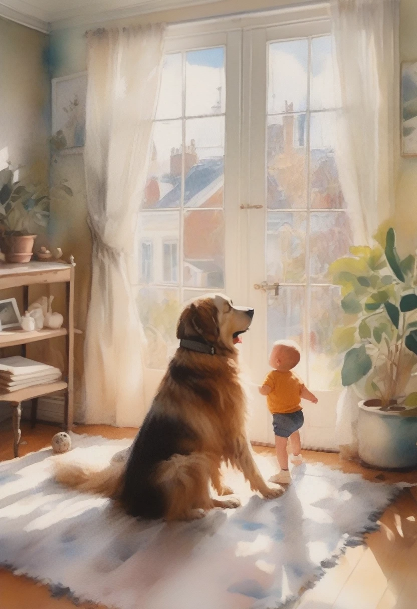 score_9, score_8_up, score_7_up, score_6_up, score_5_up, score_4_up, fluffy large dog and human  playing together, soft sparkling effects, room in the house, large windows, cute illustration style, fusion of watercolors and oil paintings, light pastel colors, 2.5D