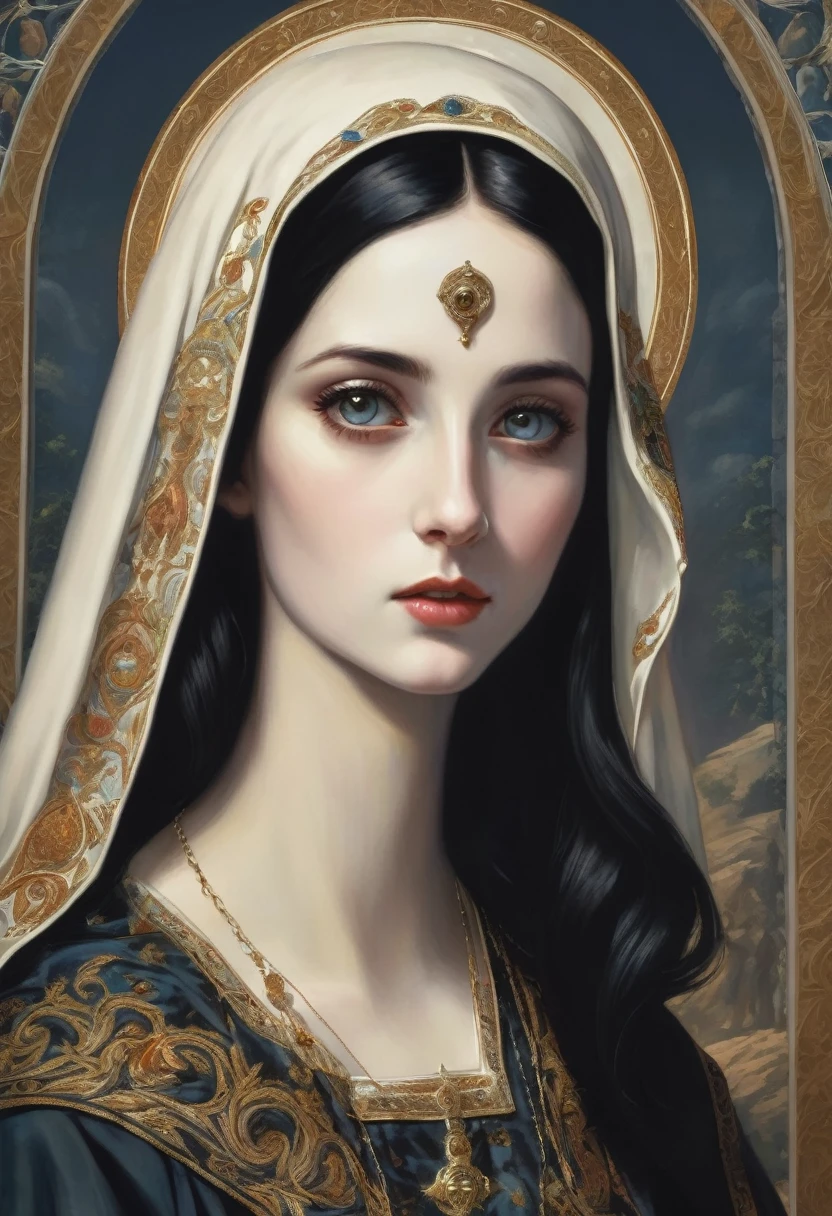 young woman,pale skin,dark colored hair ,big totally black eyes  ,with clothing of the virgin mary , with a thin nose . with an exaggeratedly elongated open mouth similar to that of a demon with a snake&#39;s tongue with several fangs in its mouth.