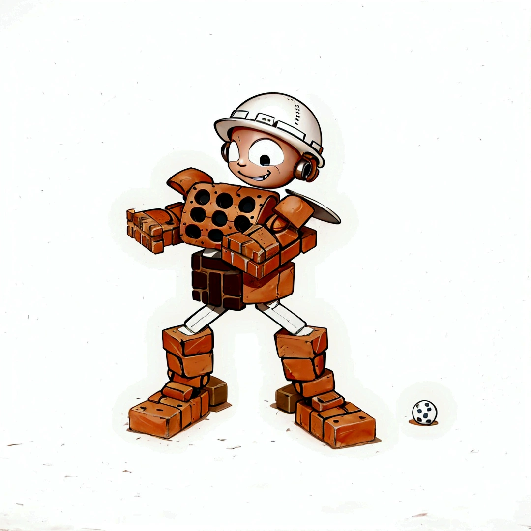 A robot smiles with a spherical head made of bricks, round ears, with a white construction helmet, the arms are made of cobblestone bricks each, shoulders made of colonial tiles, the body is made with two bricks with 9 holes in position. perpendicular, the chest showing the 9 holes and the stomach brick with 9 holes on the side, legs made of 2 PVC pipes, calves made of colonial tiles, feet made of bricks with 12 holes