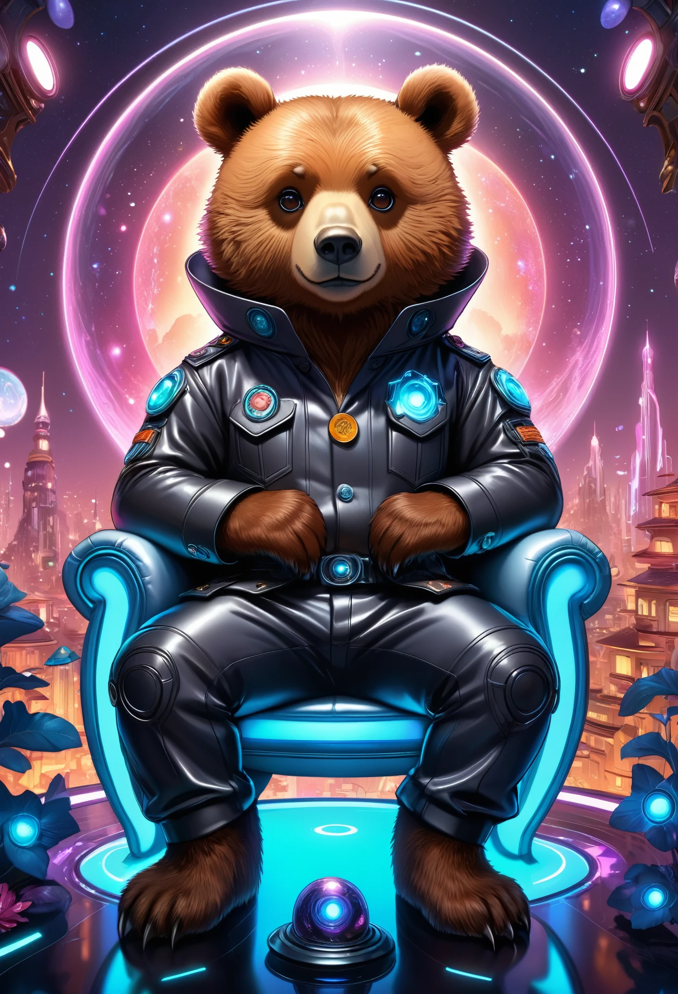 (Cute cartoon style:1.3), (((close-up of bear sitting on ethereal futuristic sofa))), (sleek cyberpunk trousers and button-up shirt:1.2), (Mars' city outside of the illuminator), dark fur, big eyes, intricate spaceship interior, bright colors, masterpiece in maximum 16K resolution, best quality, ultra detailed, aesthetics, absurdes.