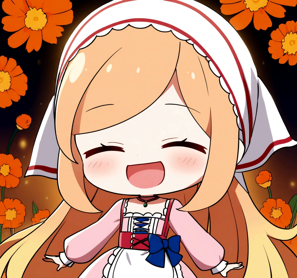 golden orange hair, gradient hair, very long hair, swept bangs, sidelocks, curly hair, wavy hair, (((((head scarf))))), head bandana, pink apron, flower in hair, marigold, orange flower, dirndl, pink dress, pink dirndl, long sleeves, waist apron, white apron, bow on waist, blue bow, , polish clothing, Slavic clothing, Hungarian clothing, anime, cute, flat chest, solo, exaggerated expression, chibi,(((((:3}}}}} smile, open mouth, closed eyes, xD