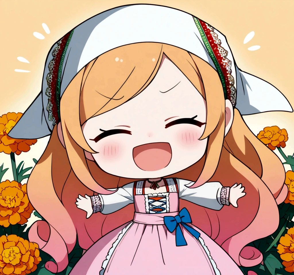 golden orange hair, gradient hair, very long hair, swept bangs, sidelocks, curly hair, wavy hair, (((((head scarf))))), head bandana, pink apron, flower in hair, marigold, orange flower, dirndl, pink dress, pink dirndl, long sleeves, waist apron, white apron, bow on waist, blue bow, , polish clothing, Slavic clothing, Hungarian clothing, anime, cute, flat chest, solo, exaggerated expression, chibi,(((((:3}}}}} smile, open mouth, closed eyes, xD