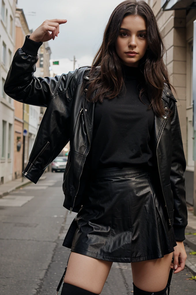 black leather jacket and skirt