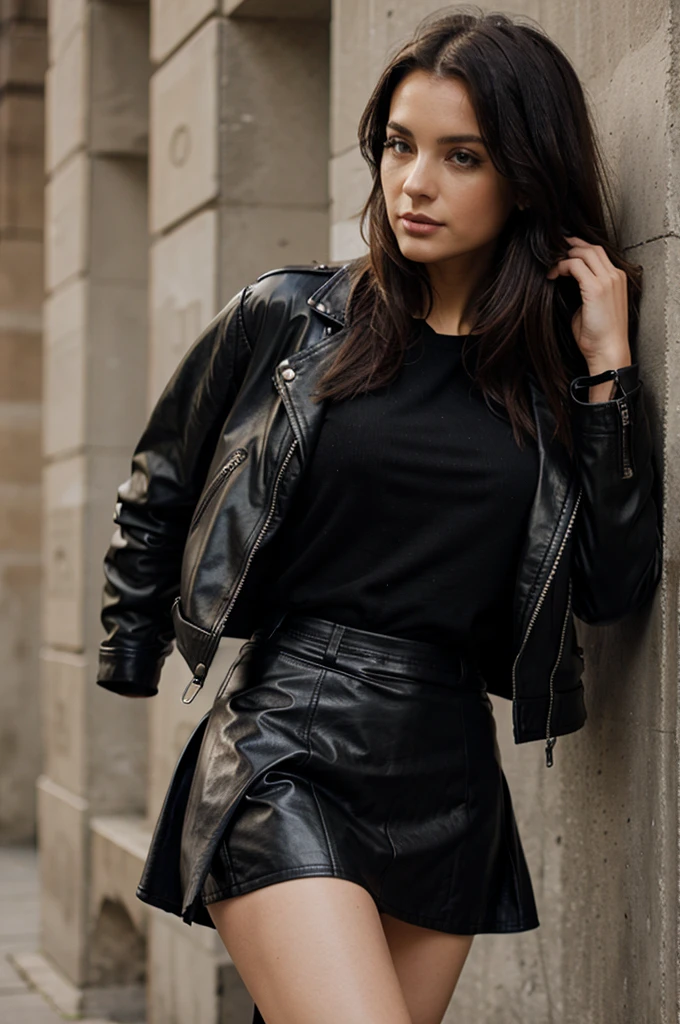 black leather jacket and skirt