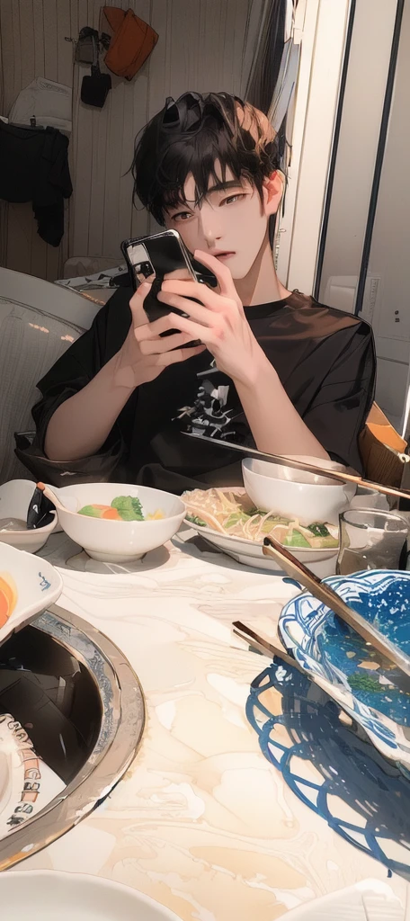 masterpiece,best quality,A man is taking a photo of a bowl of soup, eat, He was about 18 years old5岁, cai xukun, eat noodles, exclusive, He was about 18 years old, He was about 18 years old,