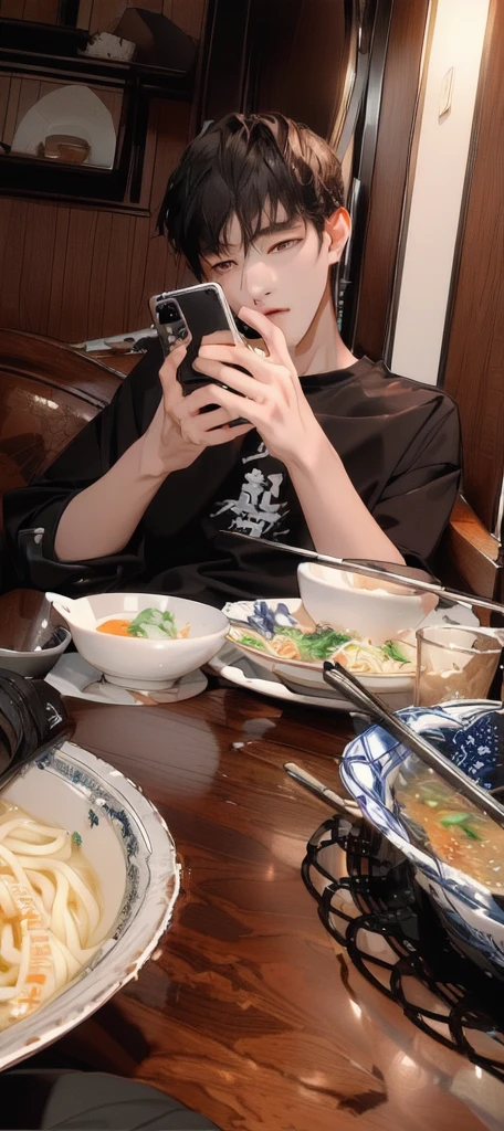 masterpiece，best quality，A man is taking a photo of a bowl of soup, eat, He was about 18 years old5岁, cai xukun, eat noodles, exclusive, He was about 18 years old, He was about 18 years old, 