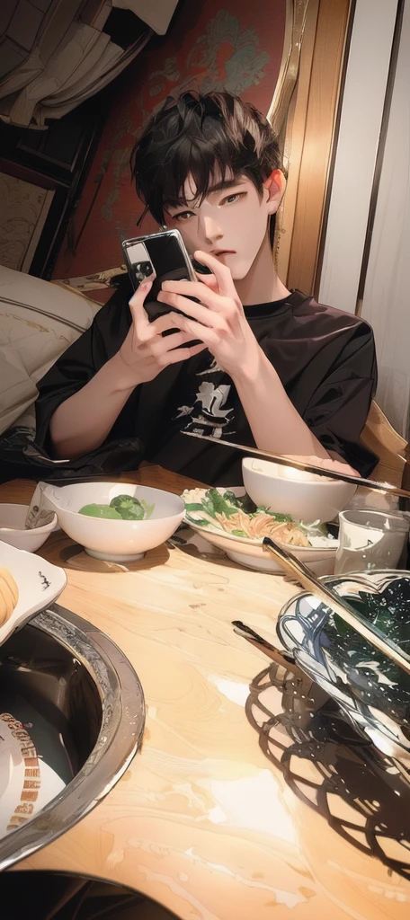 masterpiece,best quality,A man is taking a photo of a bowl of soup, eat, He was about 18 years old5岁, cai xukun, eat noodles, exclusive, He was about 18 years old, He was about 18 years old,
