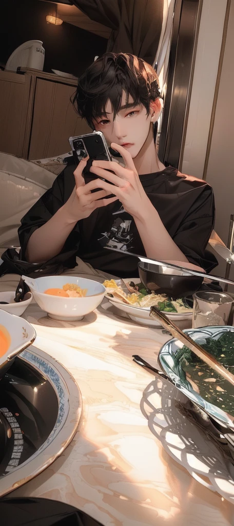 masterpiece，best quality，A man is taking a photo of a bowl of soup, eat, He was about 18 years old5岁, cai xukun, eat noodles, exclusive, He was about 18 years old, He was about 18 years old, 
