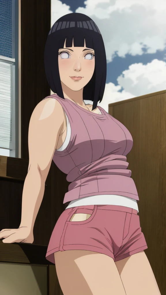 Masterpiece, Hinata\(Boruto\), 1 girl, alone,mature woman, (wearing mini tanktop & mini hotpants:1.25),  outdoor, look at viewer, (petals falling), The sky is cloudy, laundry-ing, perfect composition, details lips, big breast, Beautiful face, body proportions, Blush, (pink lips), long hair,  purple eyes,  soft stare, sad smile,  Very realistic, details, photography, accurate faces and bodies, stay-at-home wife, lonely wife x burly black granpa, 