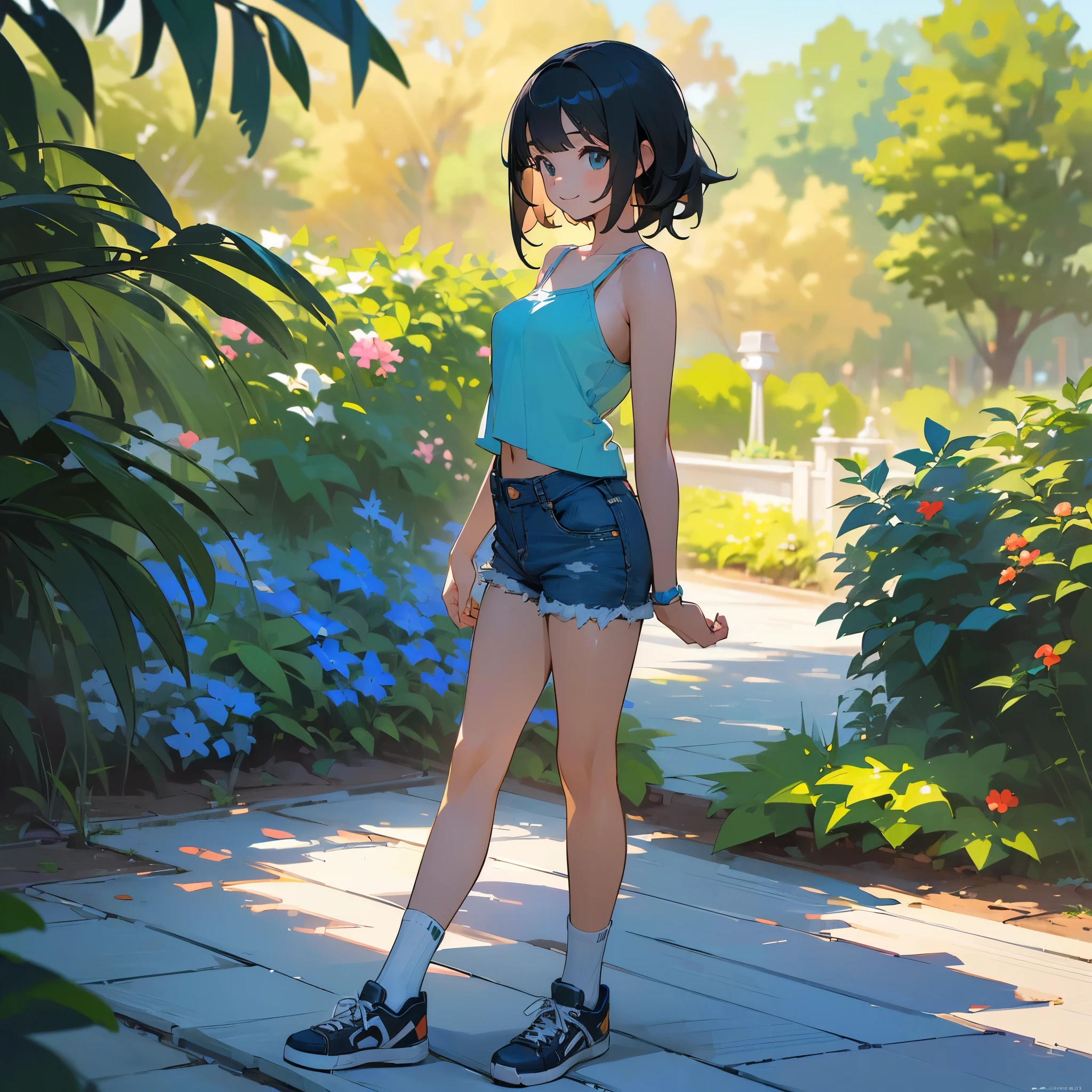 (high quality, High resolution, Very detailed, reality:1.37), Peaceful atmosphere, (Outdoor, garden), age girl standing alone, (my breasts are big.), Beautiful details, Cute Smile, (Black bob hair), camisole, Denim shorts, Blue socks, sneakers.
