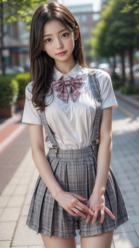 ((A beautiful girl wearing suspenders to accentuate her breasts)), ( girl, Baby-faced :1.4, Idol Face:1.2), (Cute outfits:1.3), Beautiful breasts, Slender body line, Ultimate Beauty, ((Detailed eyes and face:1.2, Professional photography techniques)), Beautiful eyes wide open, Captivating Lips, Sexy look, (Highest quality, 8K, masterpiece:1.2, RAW Photos), (Photorealism:1.4), (Detailed hands and arms), (Delicate and beautiful hands of a girl:1.2), (Perfect Anatomy:1.2)