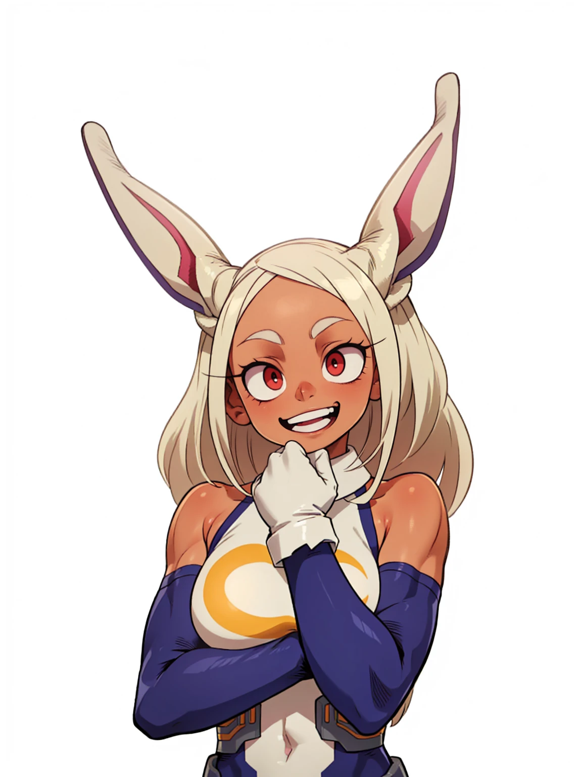 ((mirko, dark_skin, leotard, rabbit_girl, kneehighs, red_eyes, white background)), upper body, crazy big smile, same as original, anatomically correct, fixed hand, hand on chin